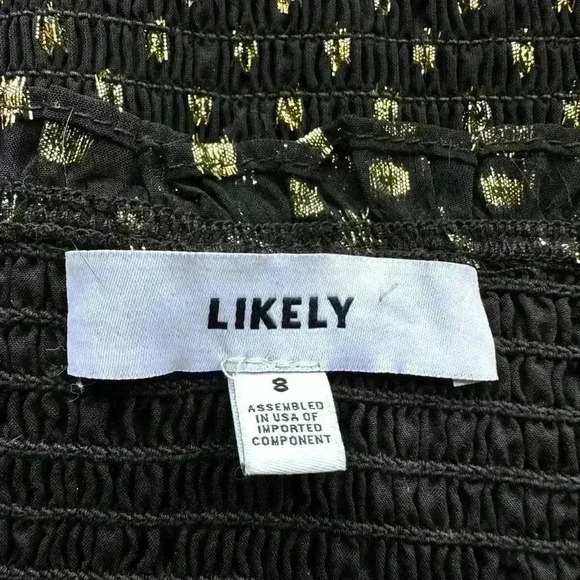 LIKELY Zephra Allover Smocked Black Gold Polka Dot Drop Ruffle Mini Dress 8 - Picture 9 of 10